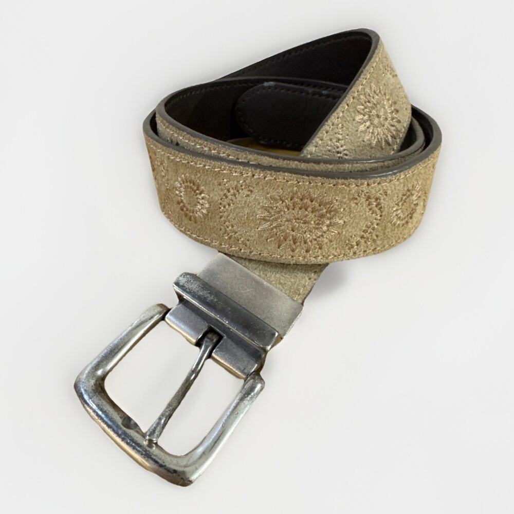 Brighton Leather Belt Beige Suede Floral Embossed - Silver Buckle - Size L